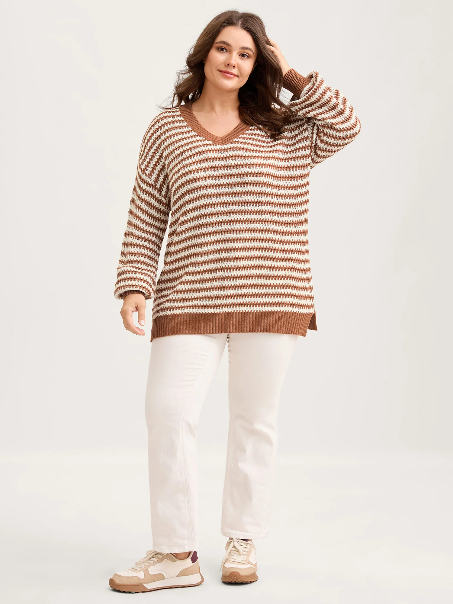 Striped Textured Ribbed Hem V-Neck Pullover - Image 3