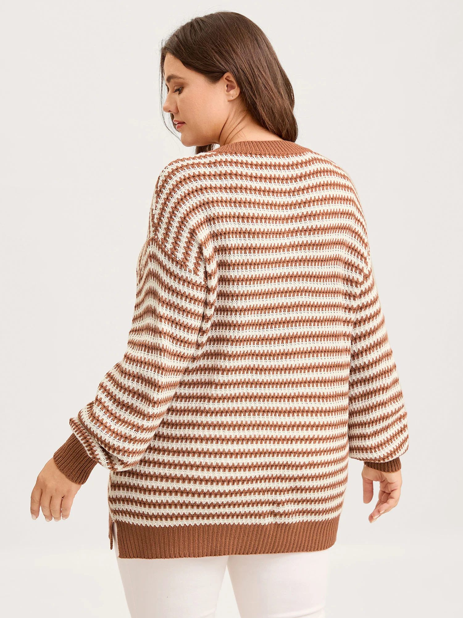Striped Textured Ribbed Hem V-Neck Pullover - Image 4