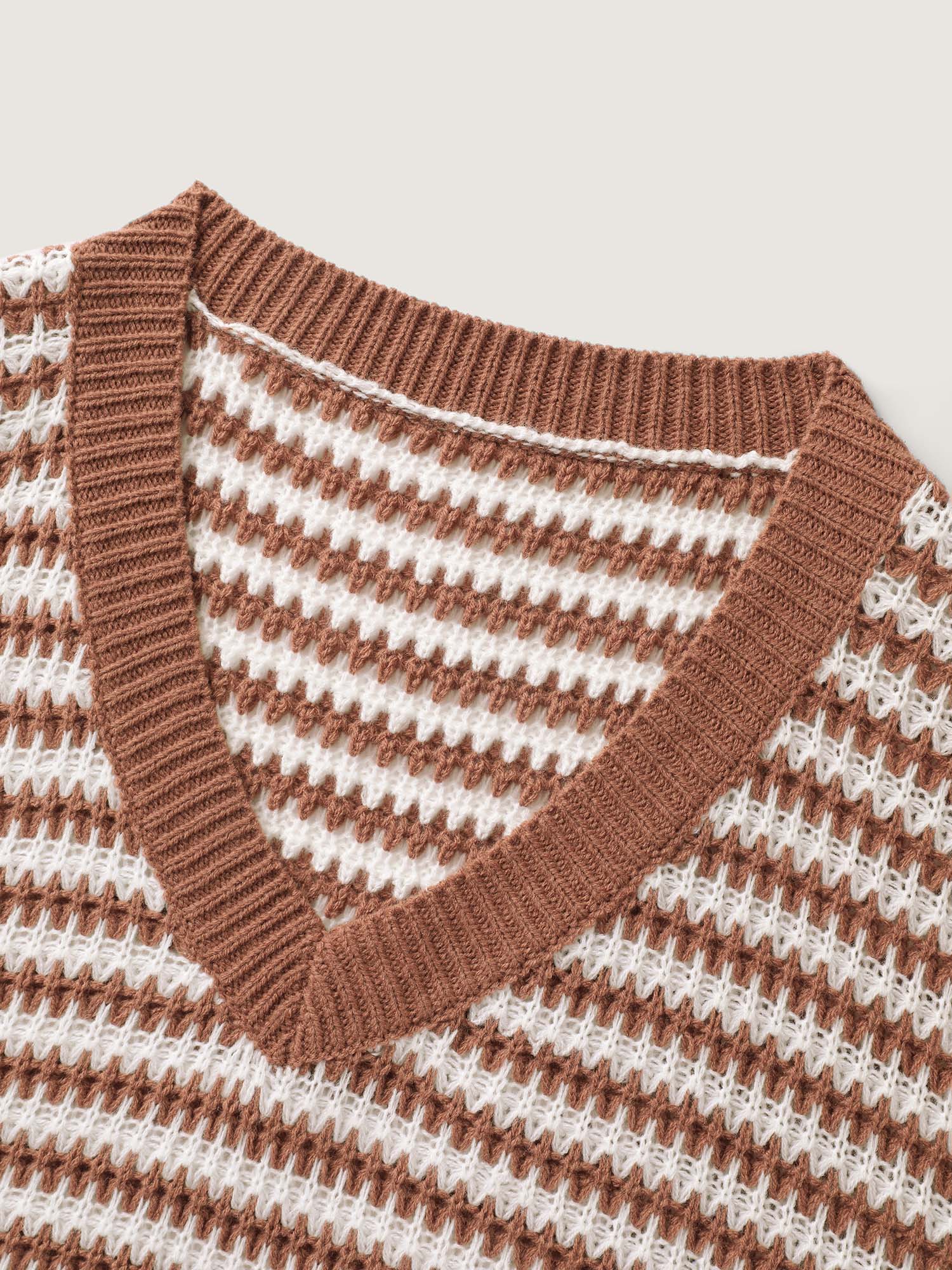 Striped Textured Ribbed Hem V-Neck Pullover - Image 5