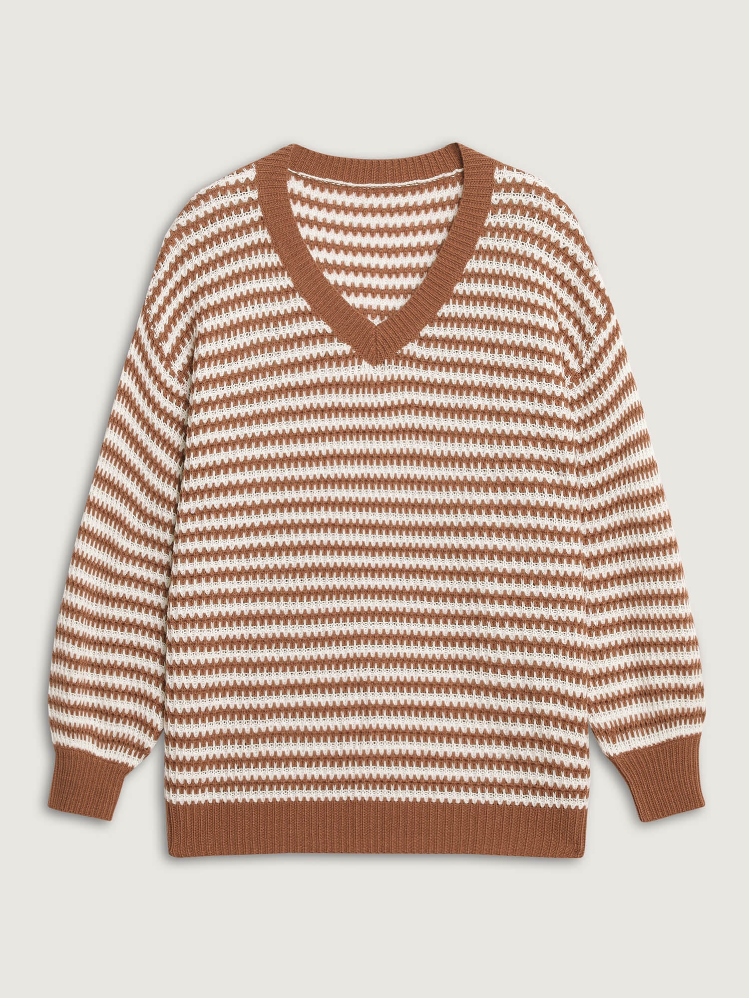 Striped Textured Ribbed Hem V-Neck Pullover - Image 7