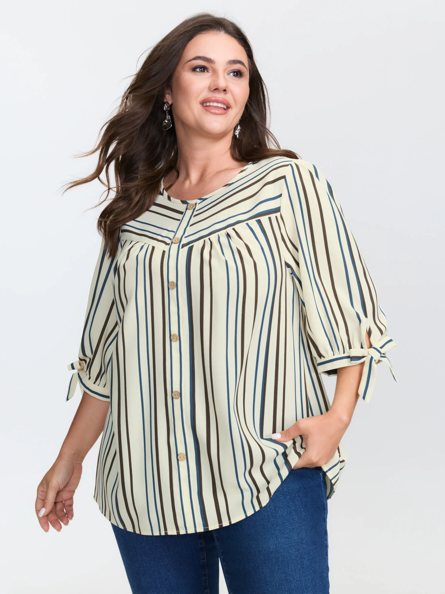 Striped Three-Quarter Sleeve Button-Down Blouse