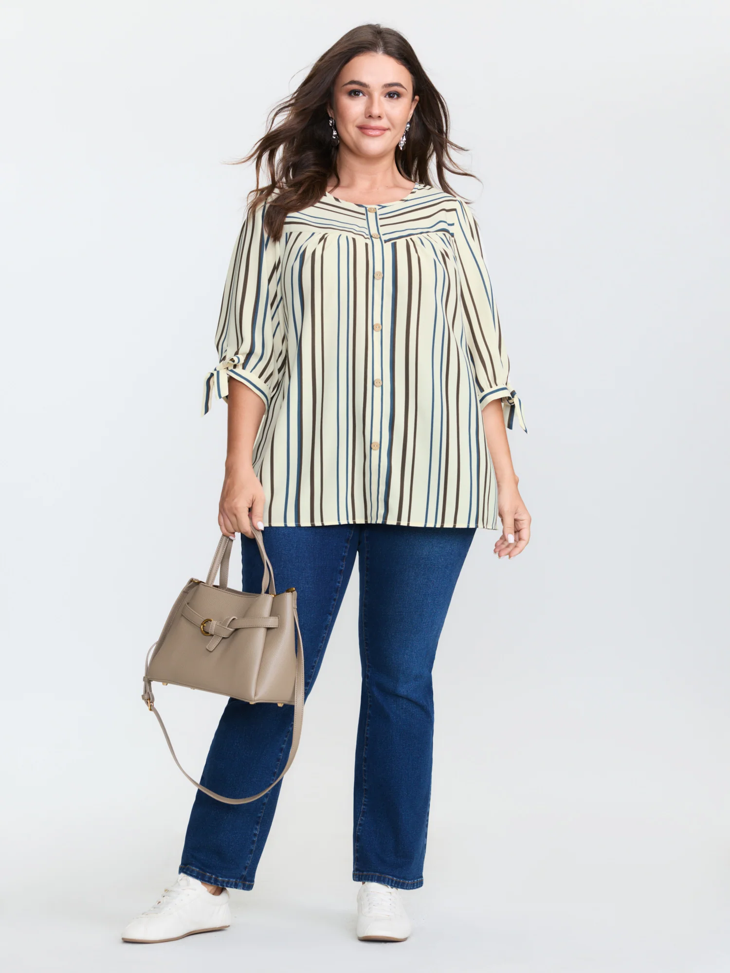 Striped Three-Quarter Sleeve Button-Down Blouse - Image 3
