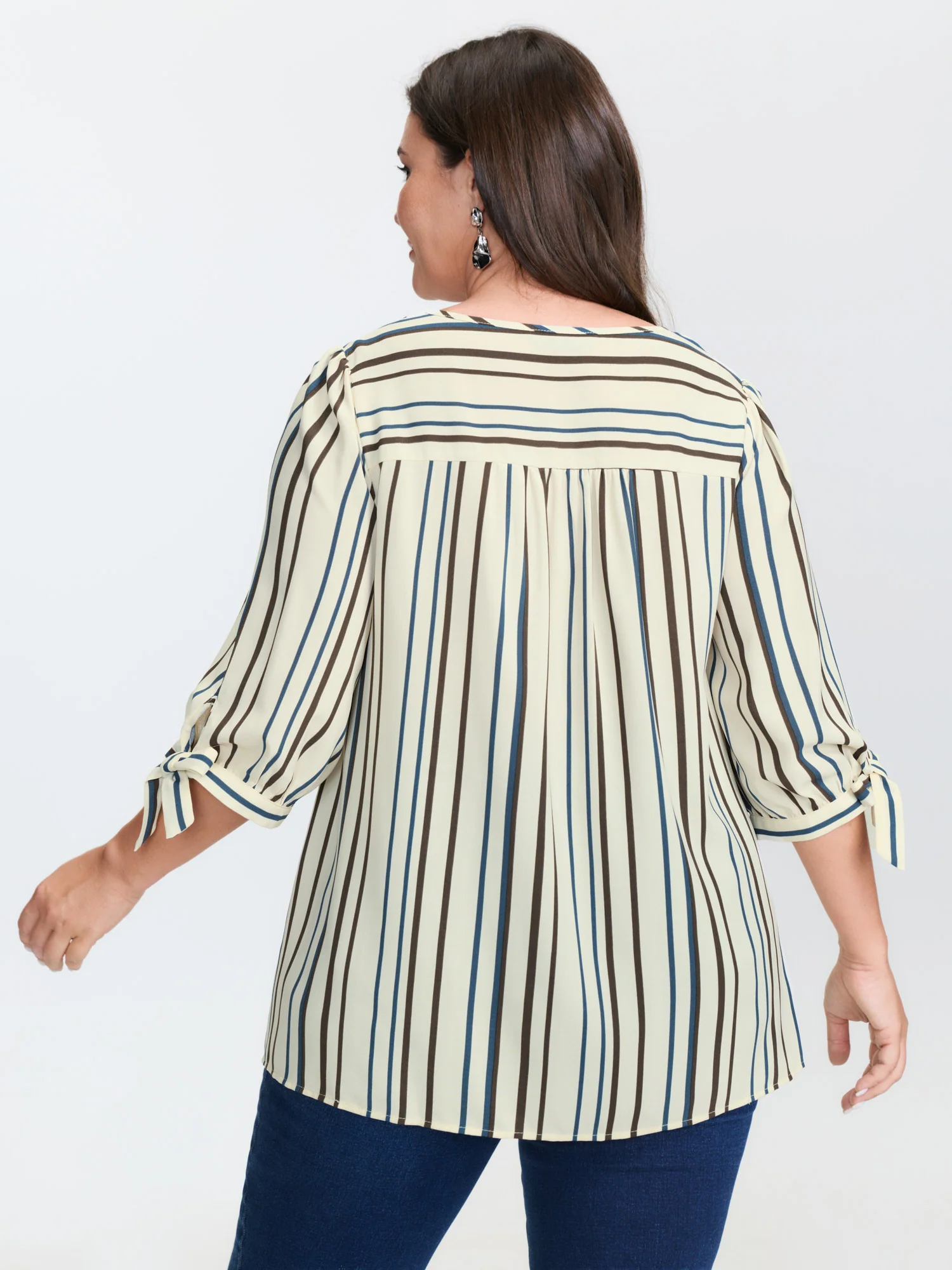 Striped Three-Quarter Sleeve Button-Down Blouse - Image 4