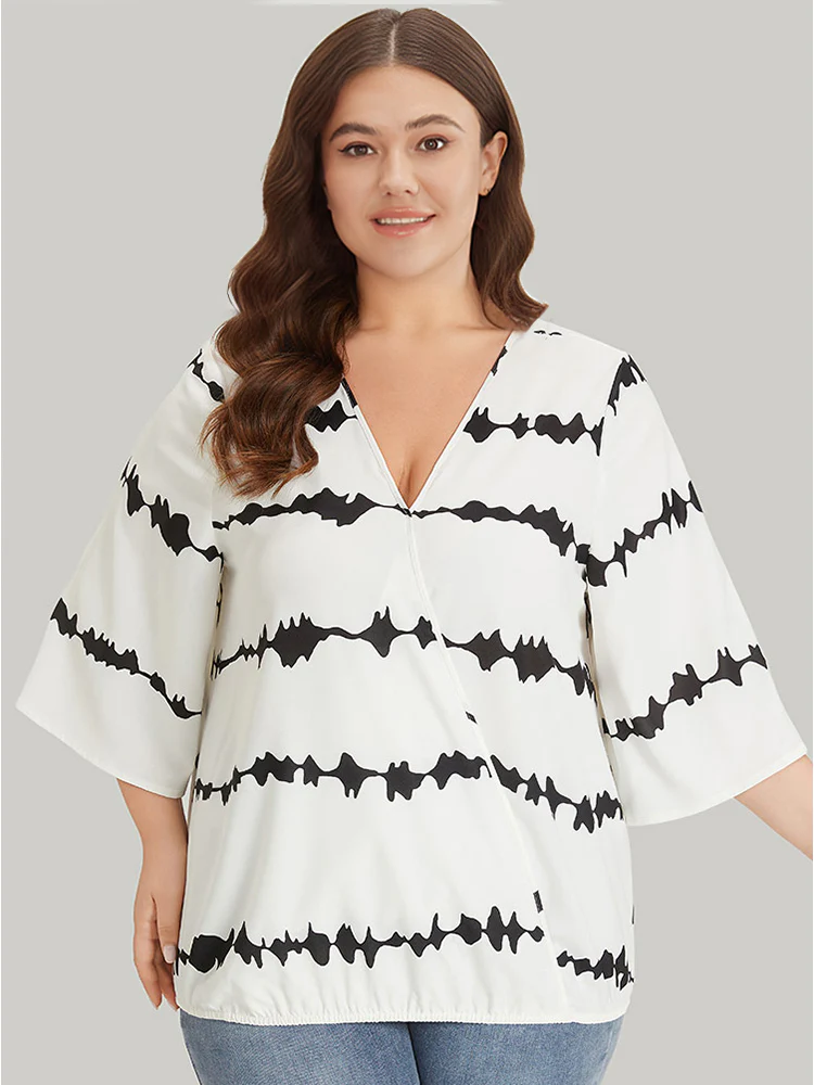 Striped Tie Dye V Neck Gathered Blouse - Image 2