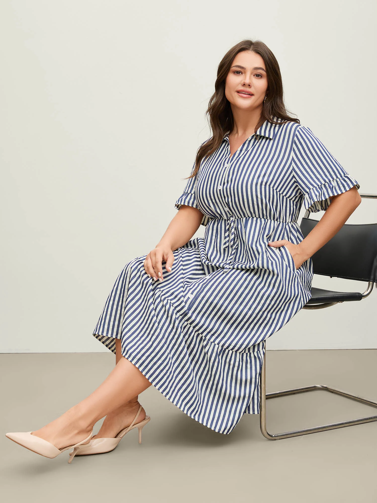 Striped Tie-Front Midi Shirt Dress - Image 3
