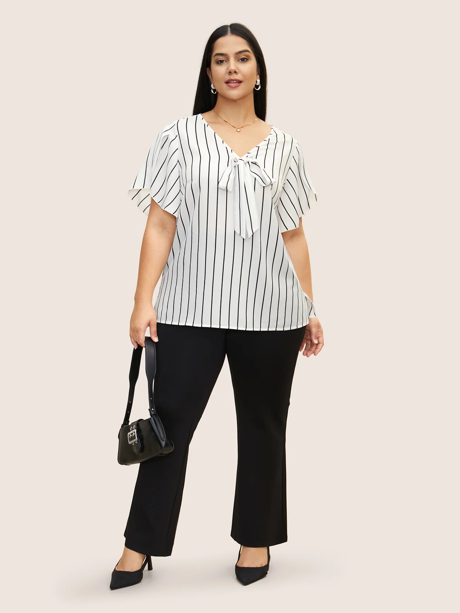 Striped Tie Knot Petal Sleeve Blouse - Image 2