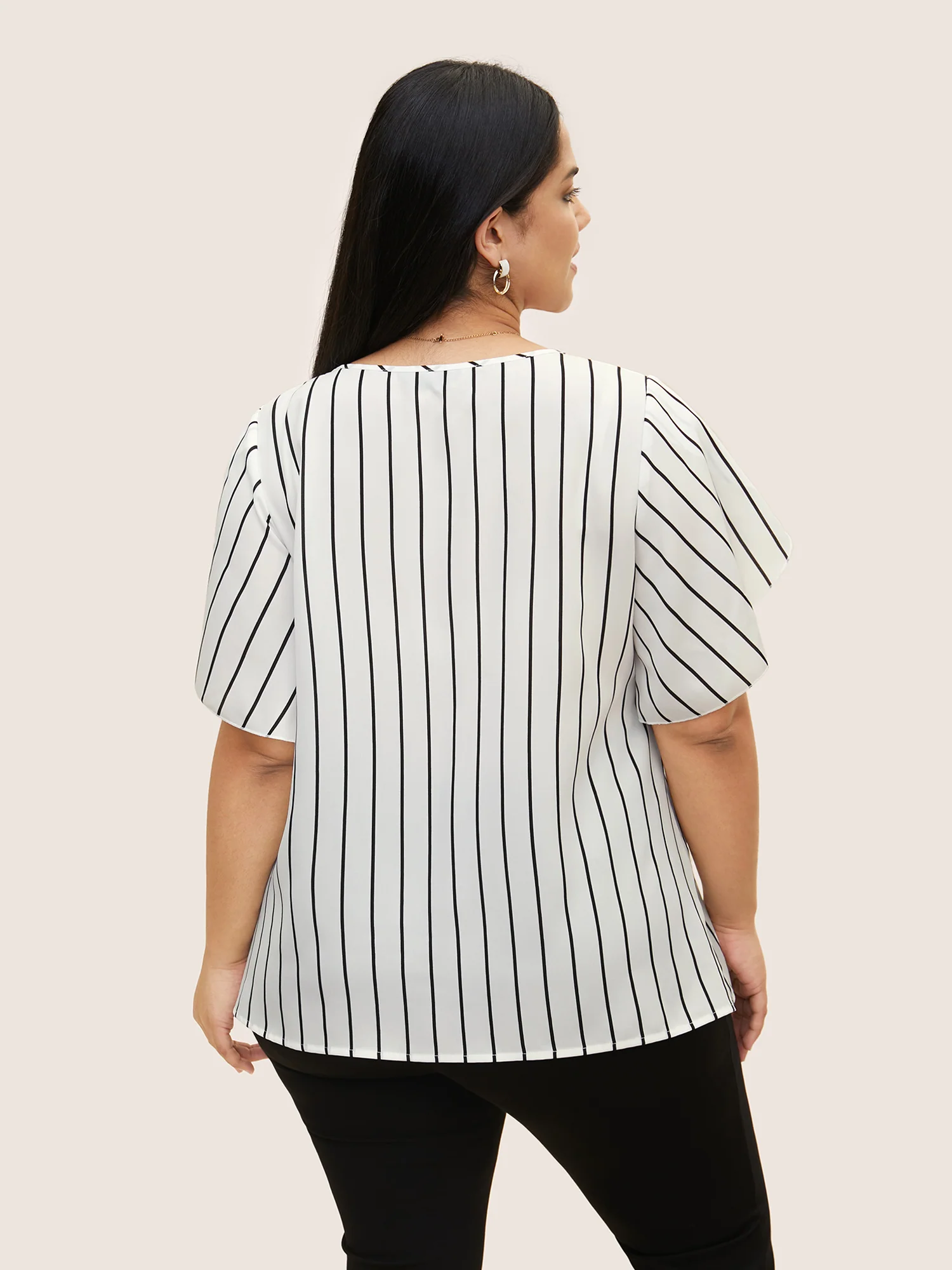 Striped Tie Knot Petal Sleeve Blouse - Image 3