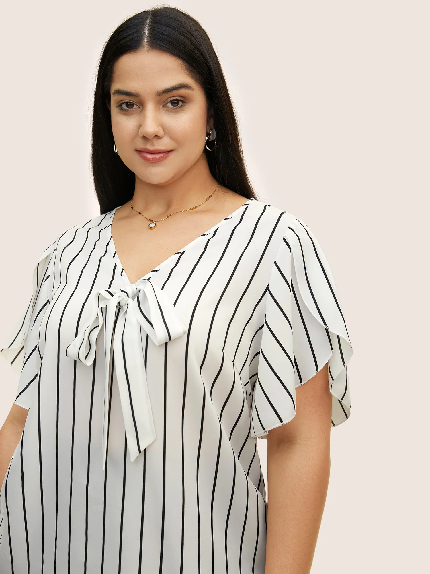 Striped Tie Knot Petal Sleeve Blouse - Image 4