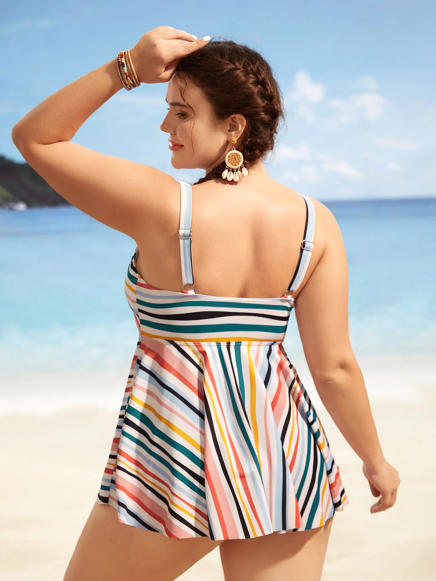 Striped Tie Knot Tiered Hem Swim Top - Image 2