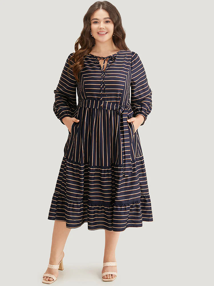 Striped Tie Neck Pocket Ties Dress - Image 2