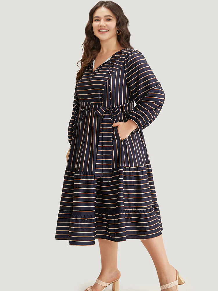 Striped Tie Neck Pocket Ties Dress - Image 3