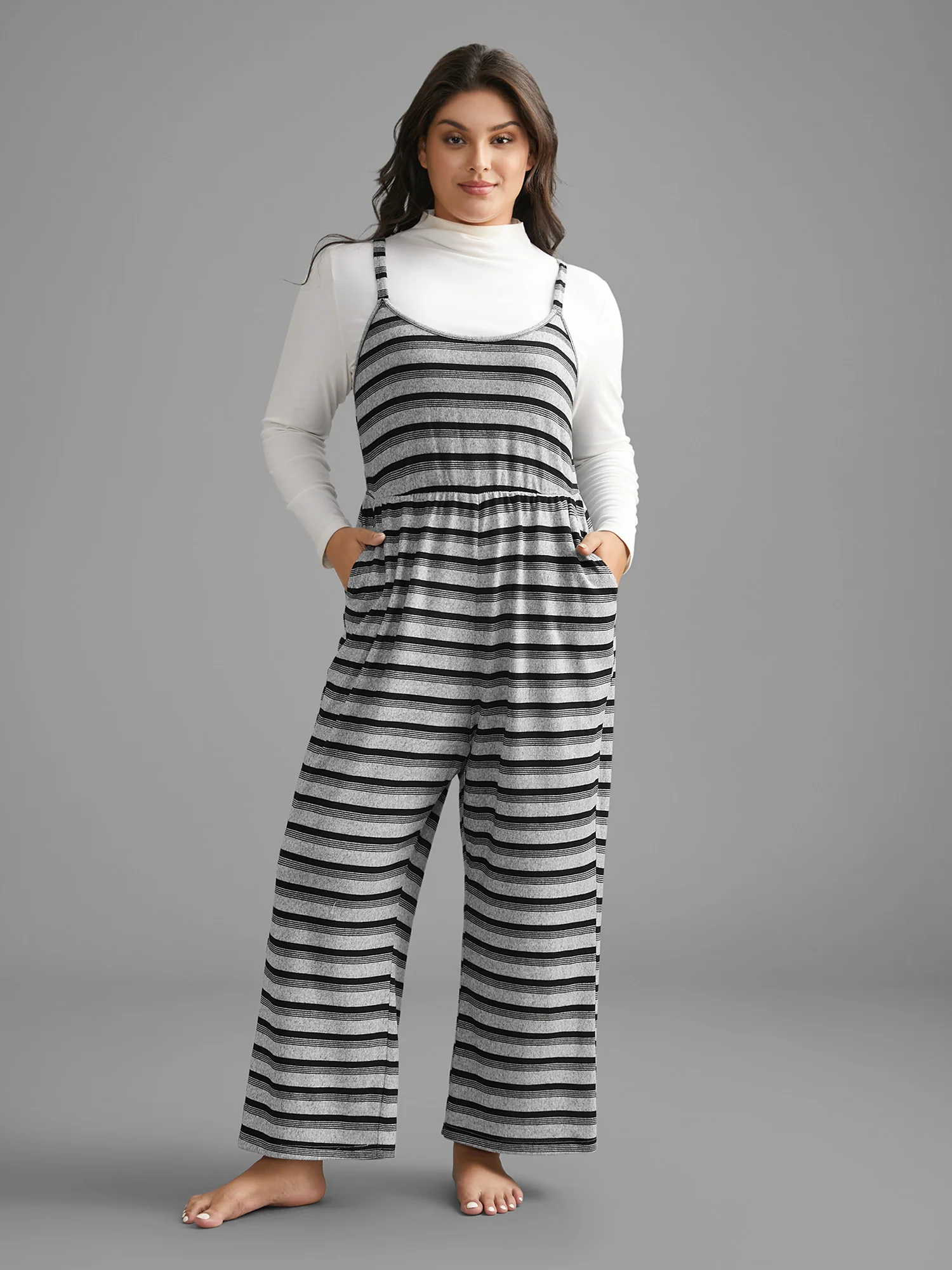 Monochrome Stripes Elastic Waist Pockets Pajama Jumpsuit
