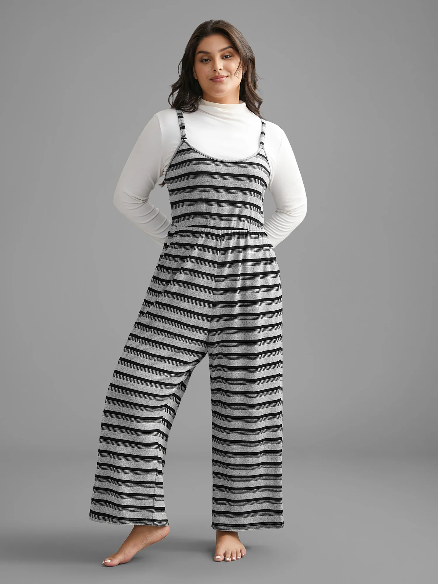 Monochrome Stripes Elastic Waist Pockets Pajama Jumpsuit - Image 3