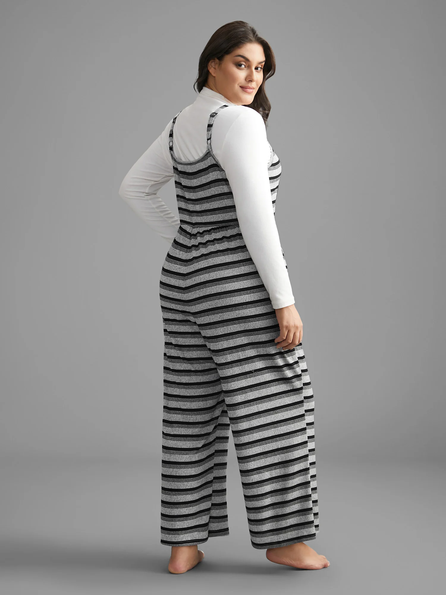 Monochrome Stripes Elastic Waist Pockets Pajama Jumpsuit - Image 4