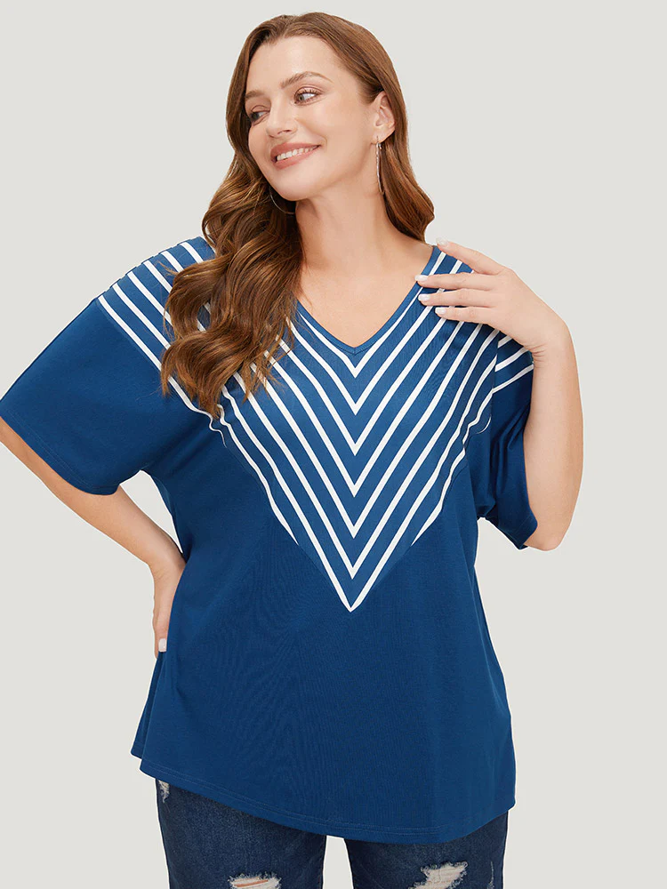 Striped V Neck Batwing Sleeve Geometric T-shirt - Image 2