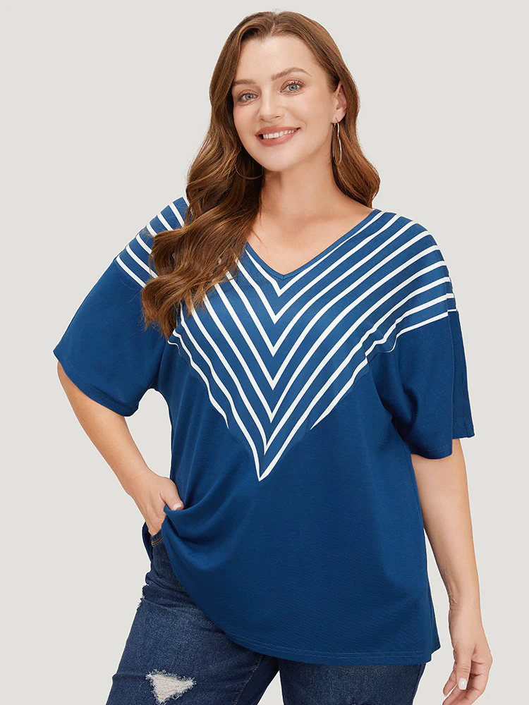 Striped V Neck Batwing Sleeve Geometric T-shirt - Image 3
