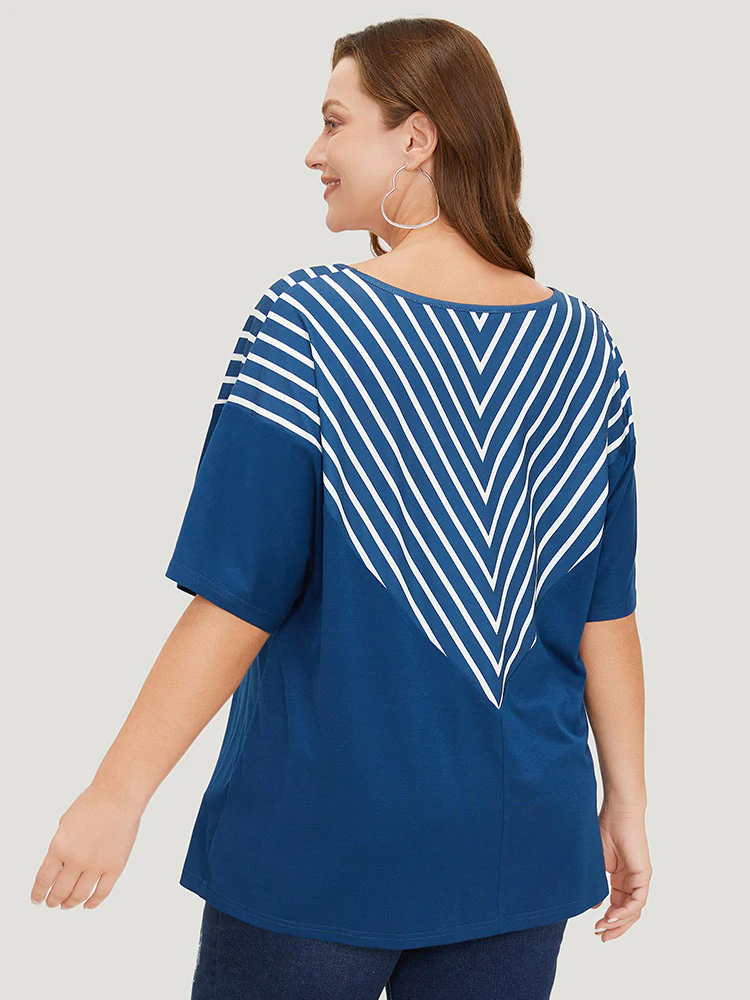 Striped V Neck Batwing Sleeve Geometric T-shirt - Image 4