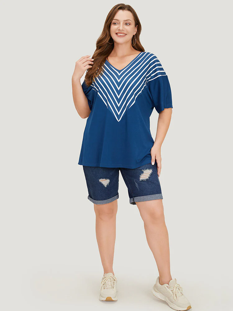 Striped V Neck Batwing Sleeve Geometric T-shirt - Image 5