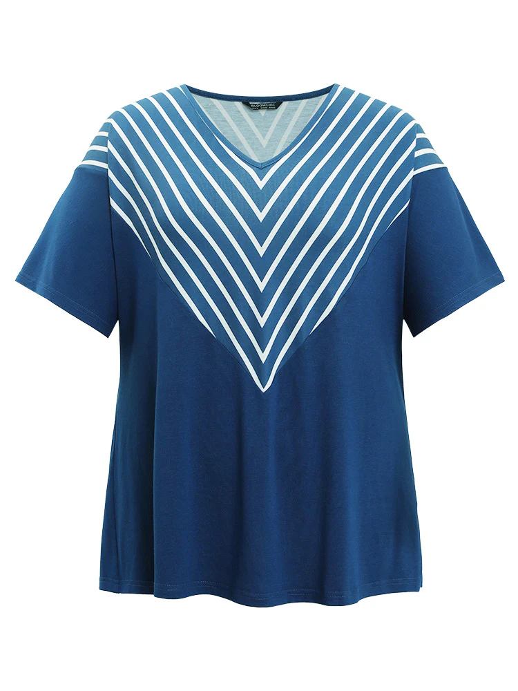 Striped V Neck Batwing Sleeve Geometric T-shirt - Image 8