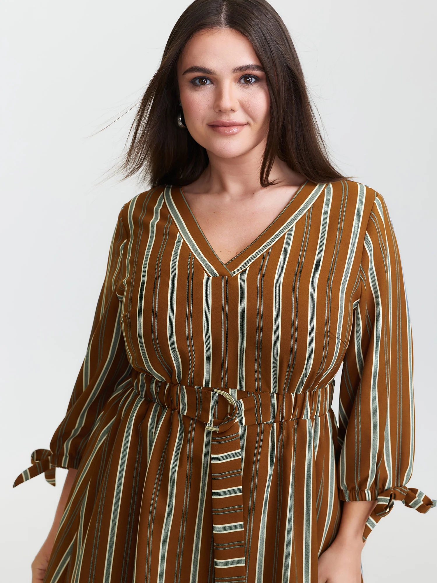 Striped V-Neck Belted Midi Dress - Image 2