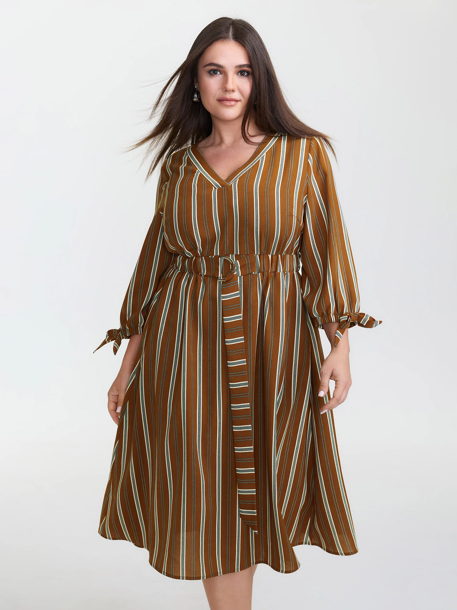 Striped V-Neck Belted Midi Dress - Image 3
