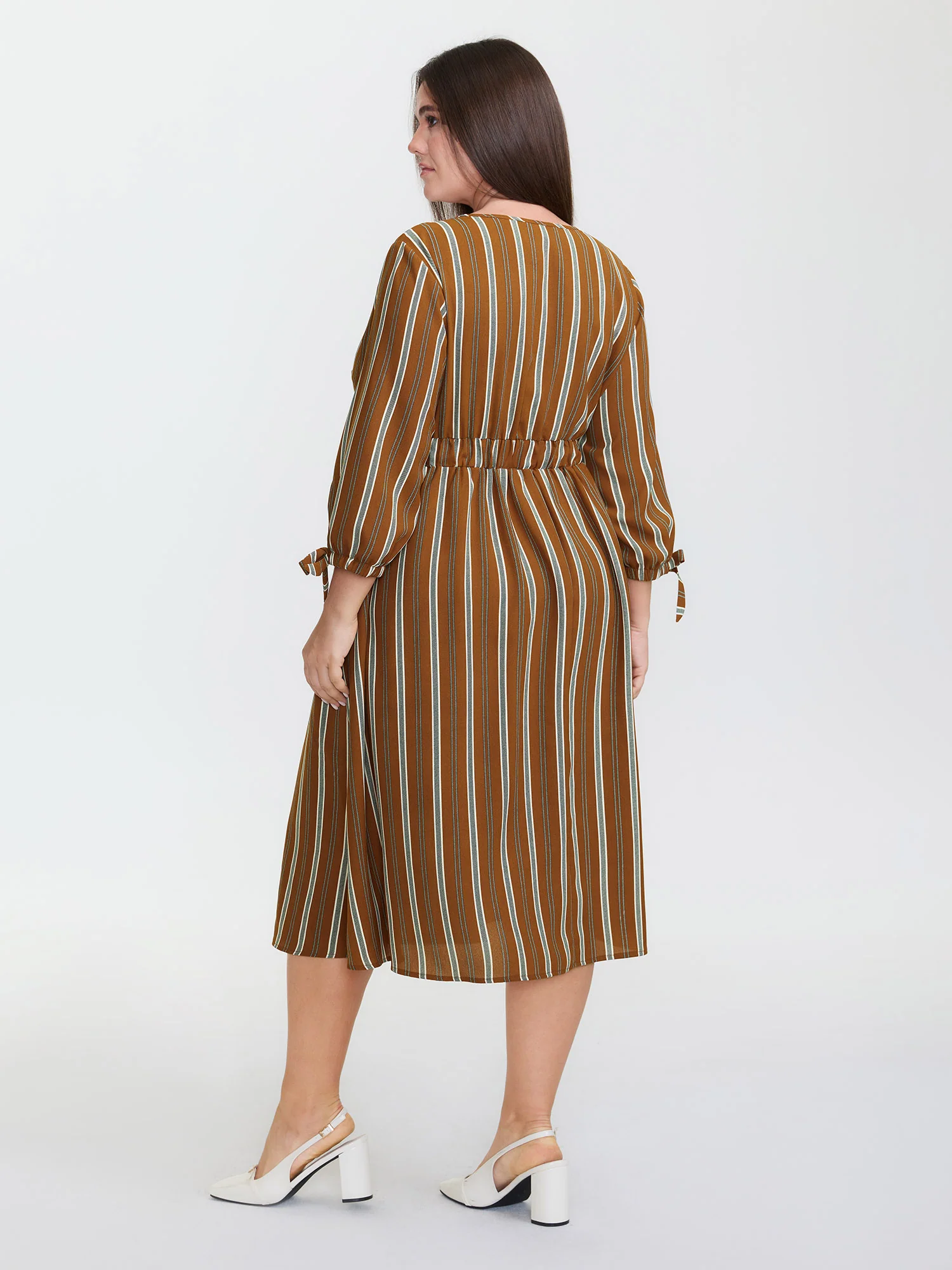 Striped V-Neck Belted Midi Dress - Image 4