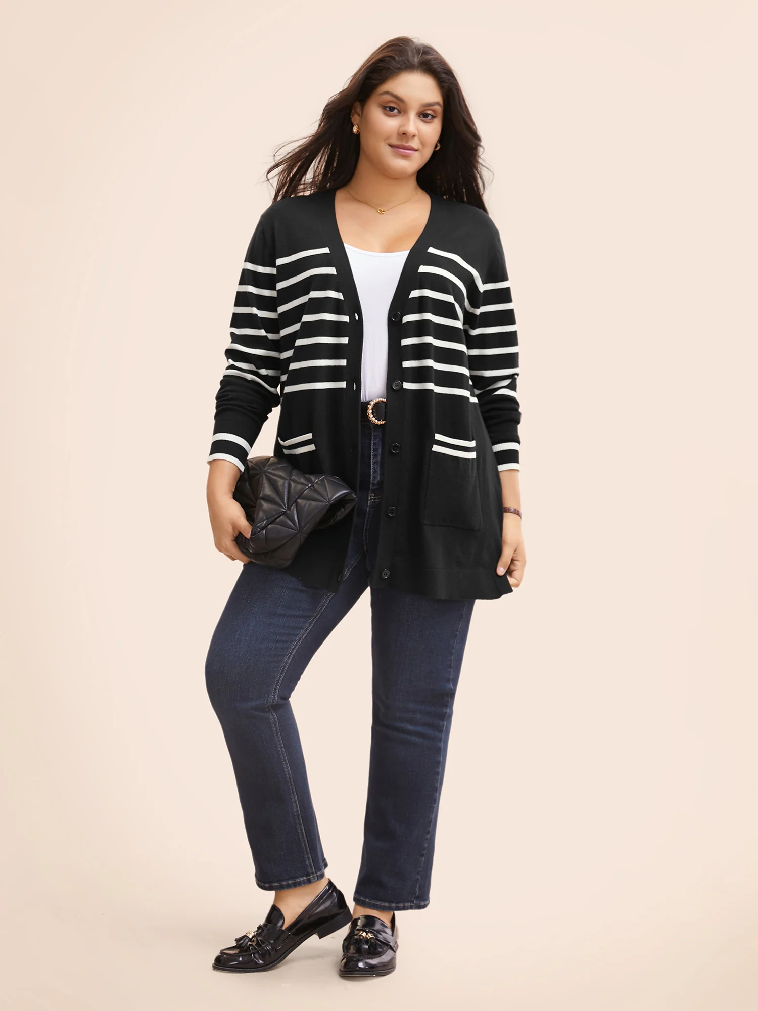 Striped V Neck Button Up Pocket Cardigan - Image 3