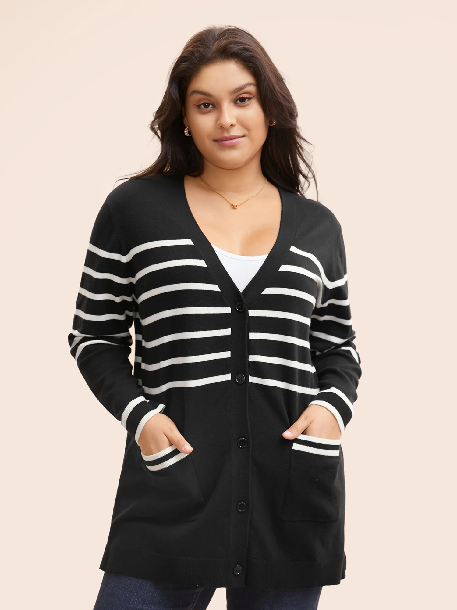 Striped V Neck Button Up Pocket Cardigan - Image 4