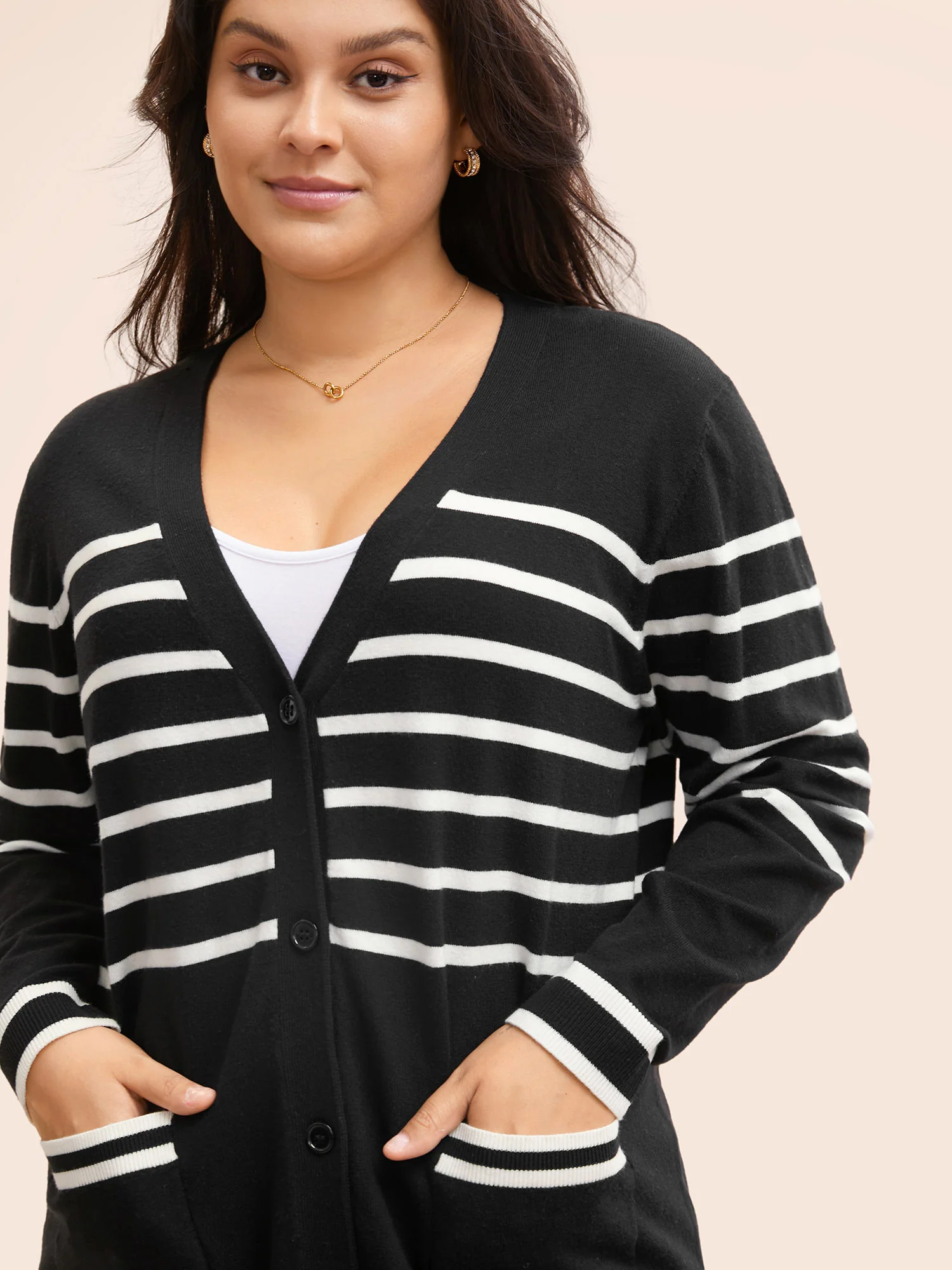 Striped V Neck Button Up Pocket Cardigan - Image 5