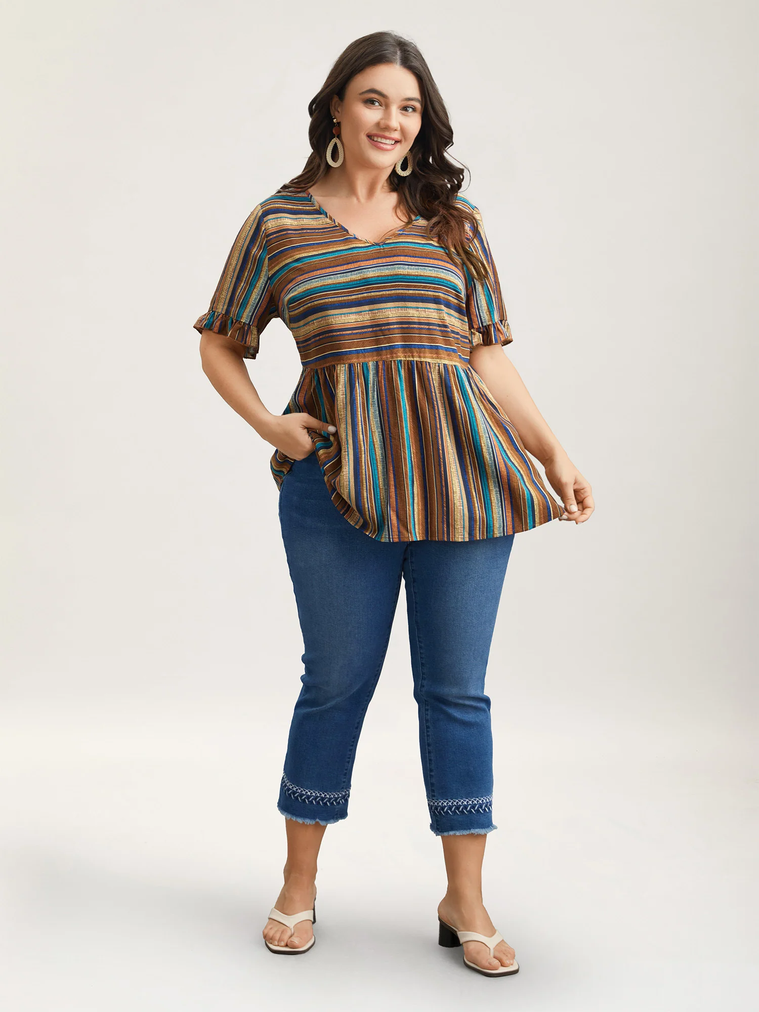 Striped V-Neck Peplum Shirt - Image 2