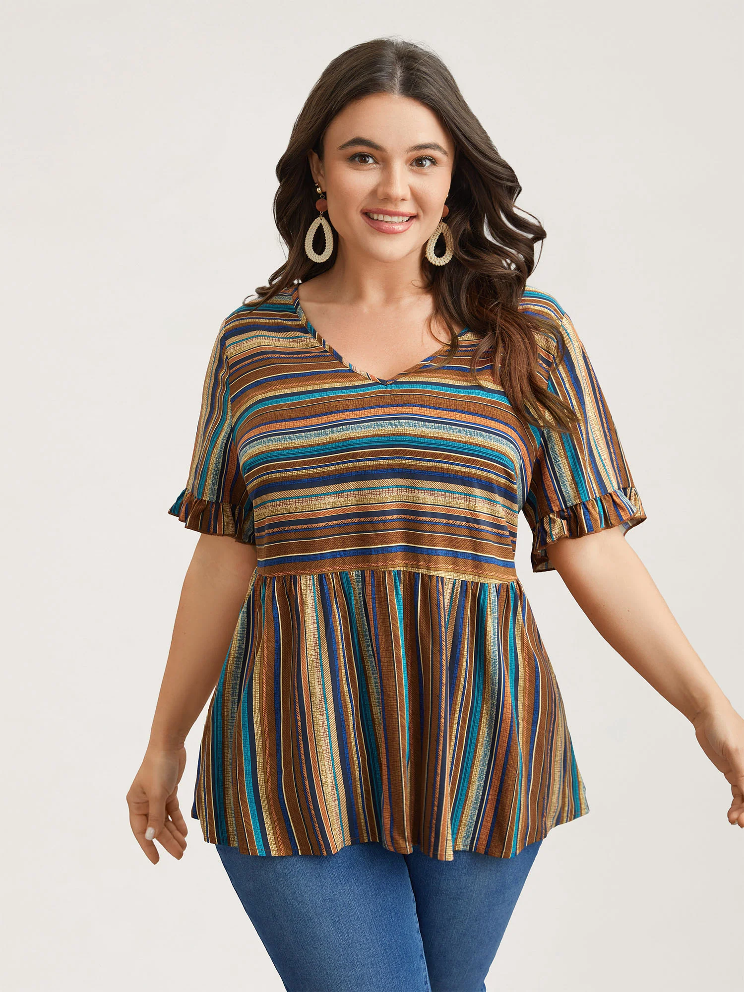 Striped V-Neck Peplum Shirt - Image 3