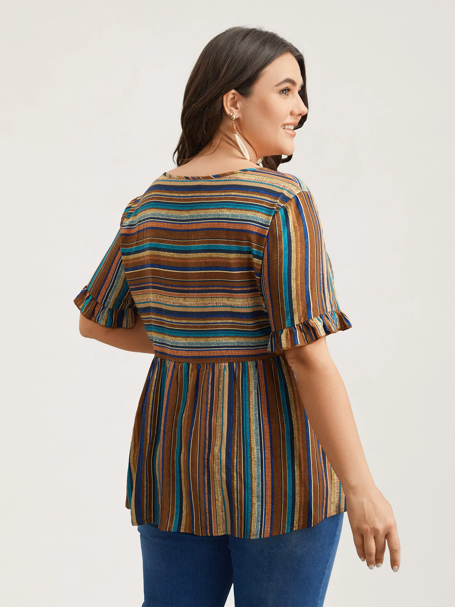 Striped V-Neck Peplum Shirt - Image 4
