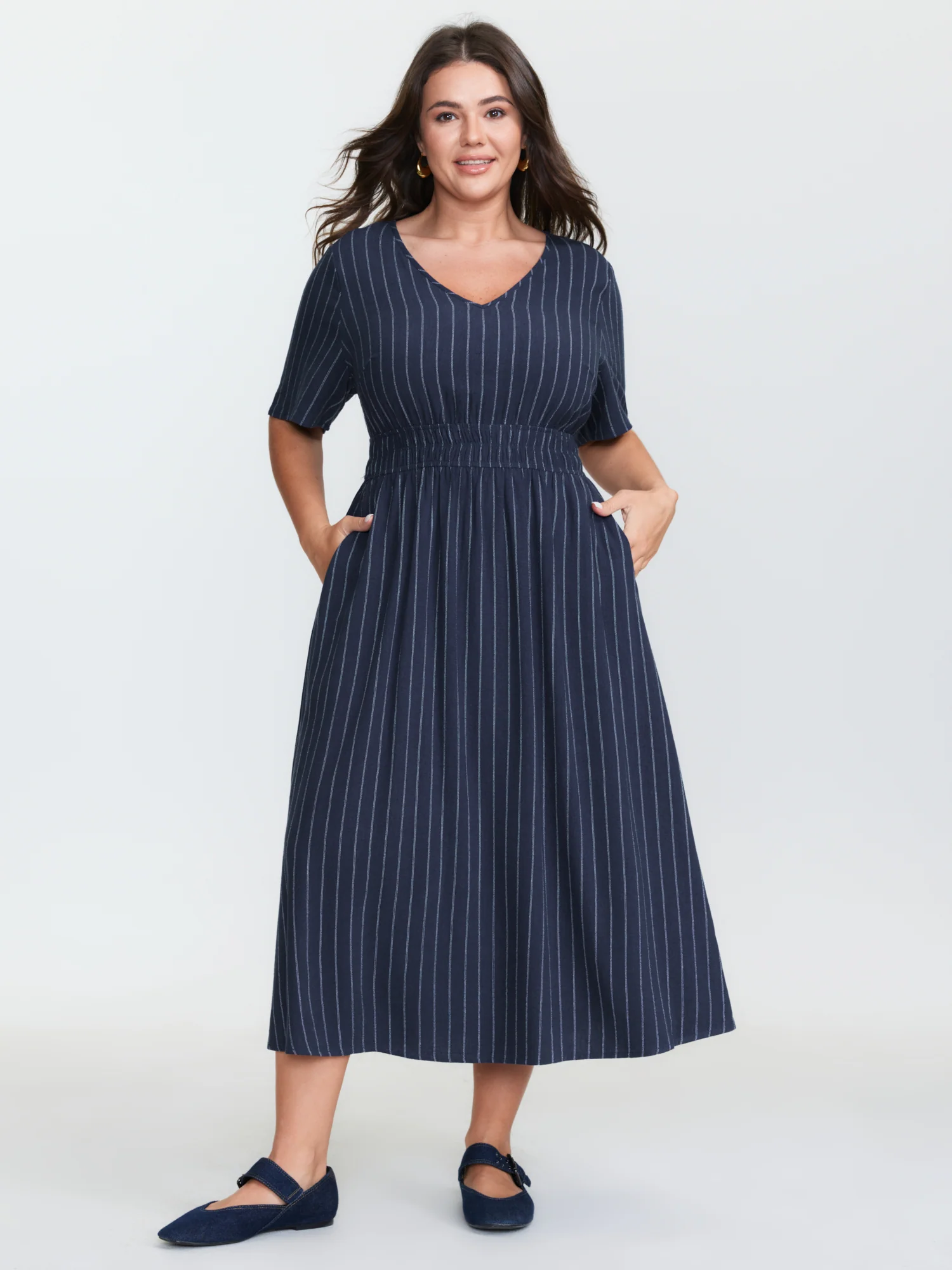 Striped V-Neck Shirred Waist Midi Dress - Image 2