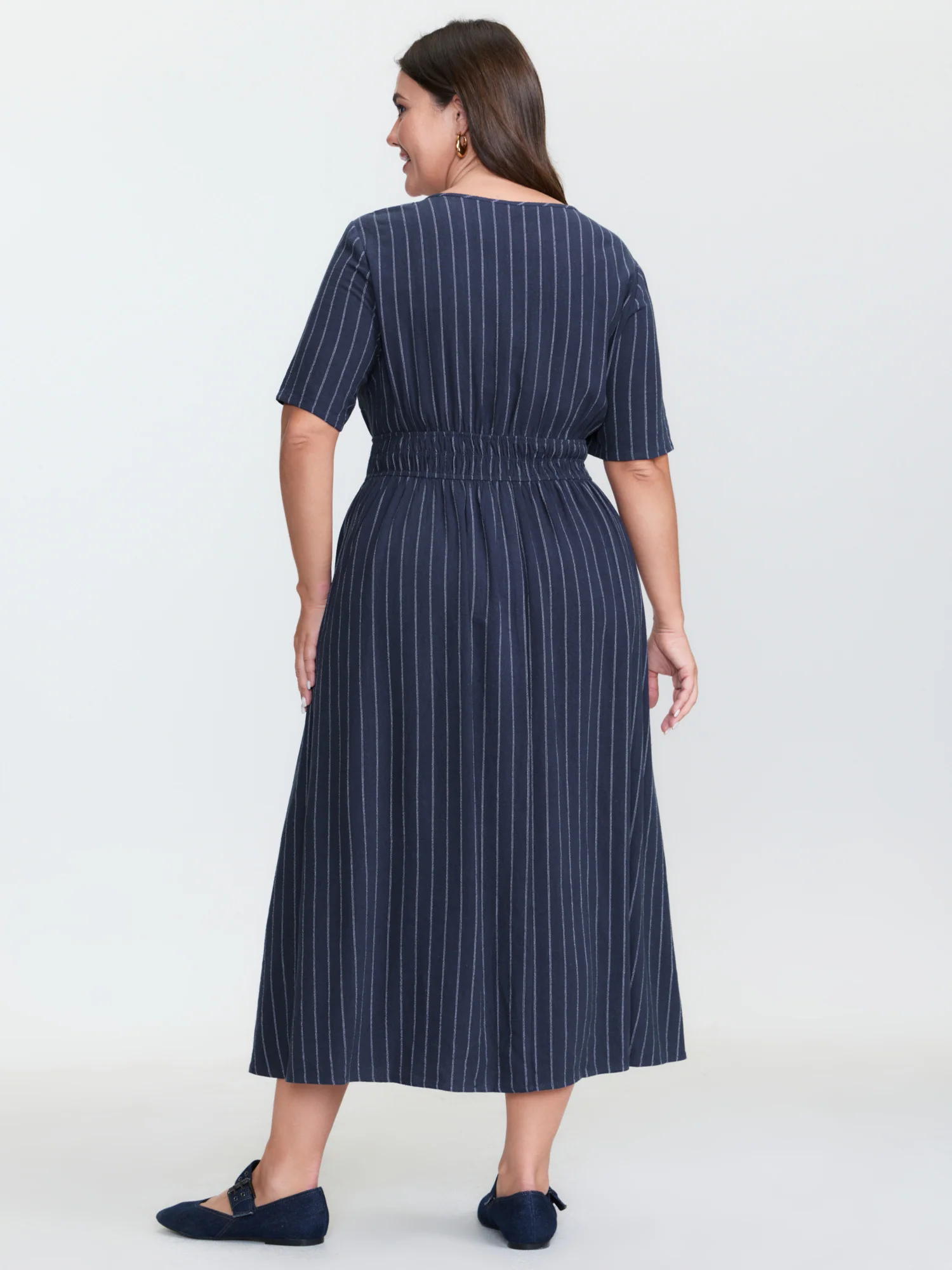 Striped V-Neck Shirred Waist Midi Dress - Image 4