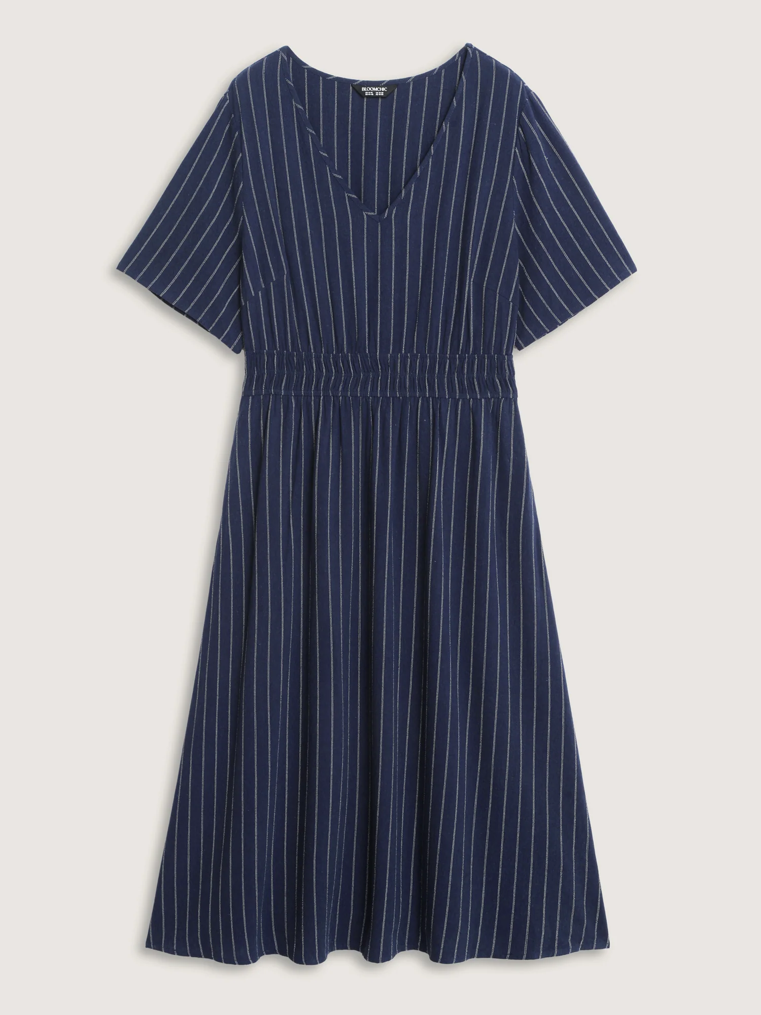 Striped V-Neck Shirred Waist Midi Dress - Image 7