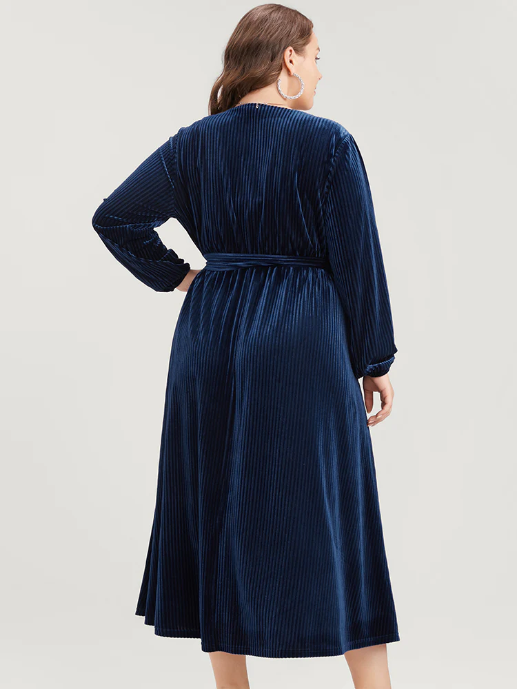 Striped Velvet Pocket Lantern Sleeve Belted Wrap Dress - Image 2