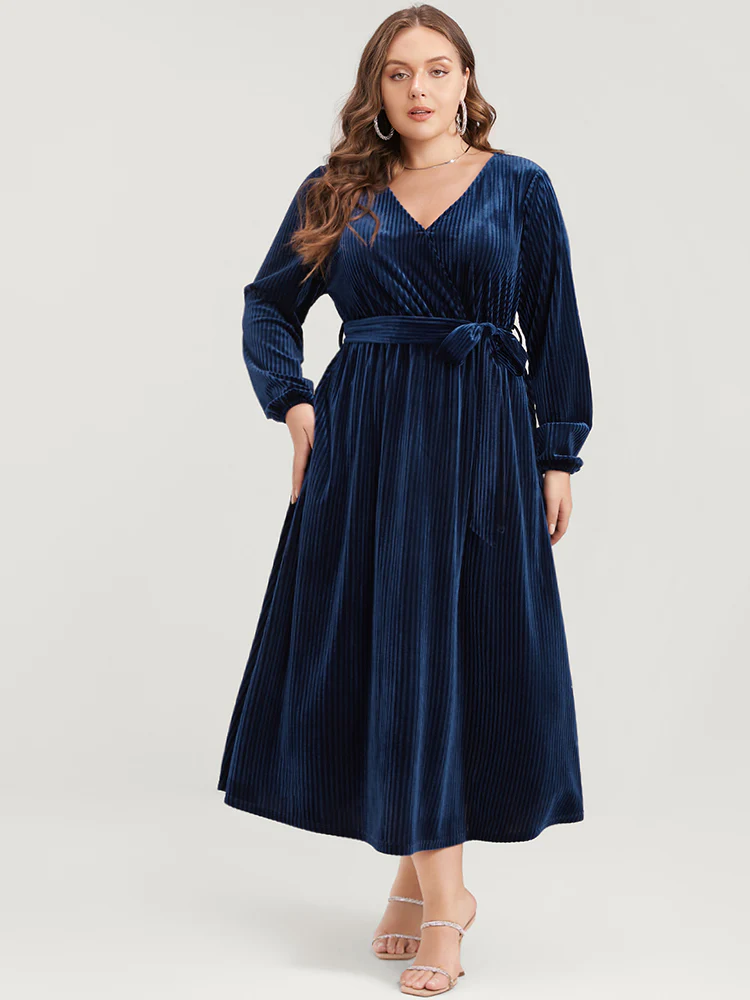 Striped Velvet Pocket Lantern Sleeve Belted Wrap Dress - Image 3
