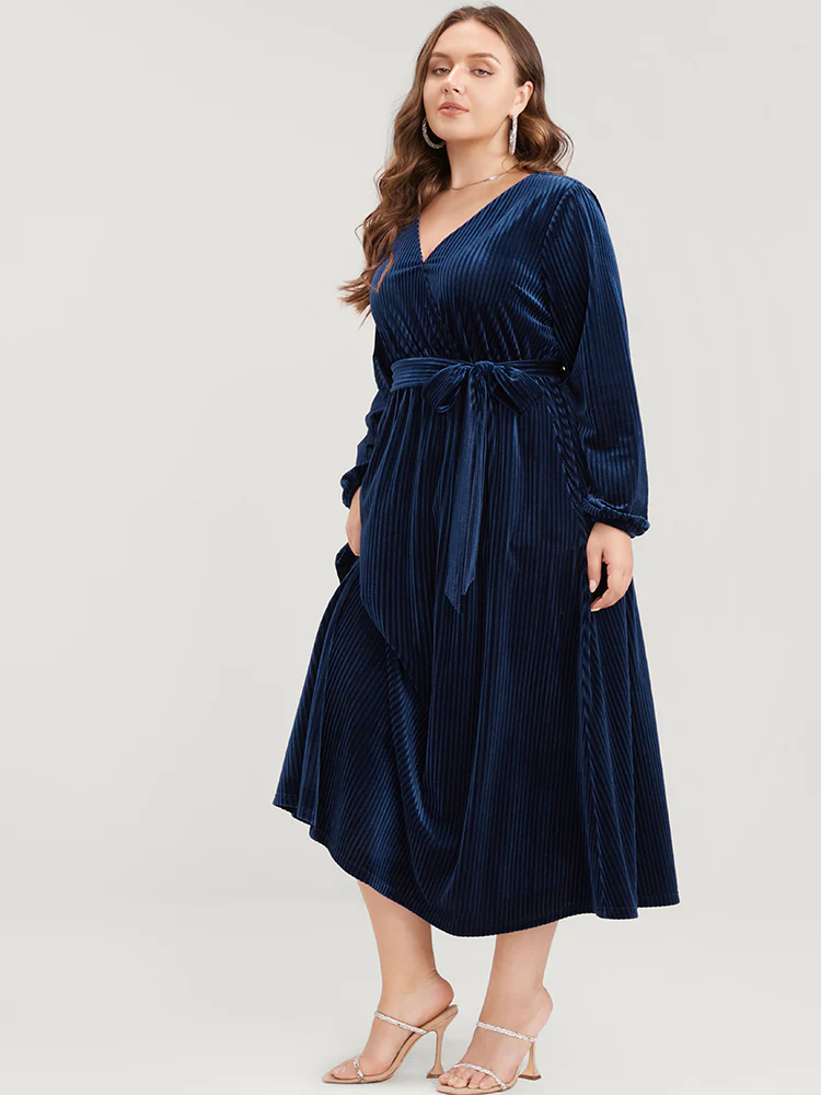 Striped Velvet Pocket Lantern Sleeve Belted Wrap Dress - Image 4