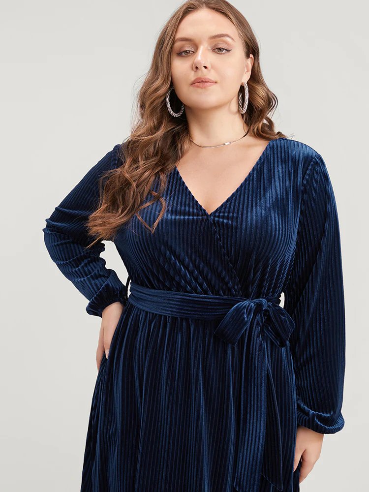Striped Velvet Pocket Lantern Sleeve Belted Wrap Dress - Image 5
