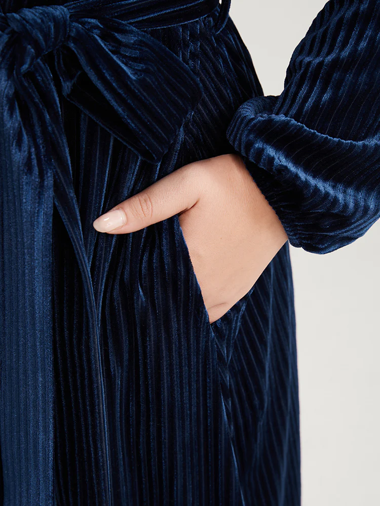 Striped Velvet Pocket Lantern Sleeve Belted Wrap Dress - Image 6