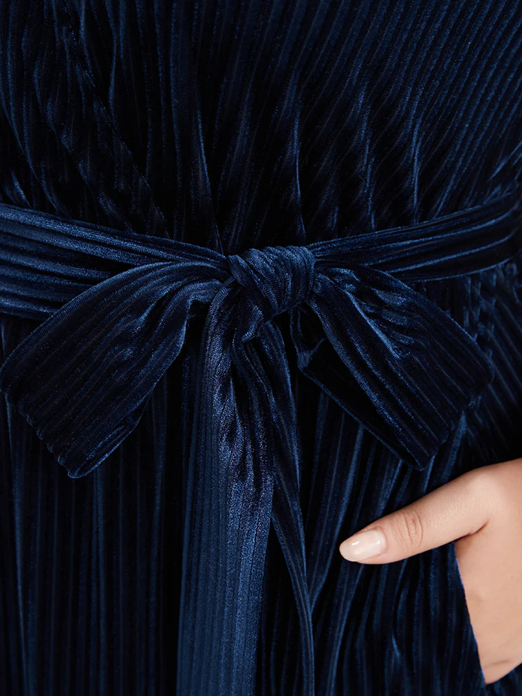 Striped Velvet Pocket Lantern Sleeve Belted Wrap Dress - Image 7
