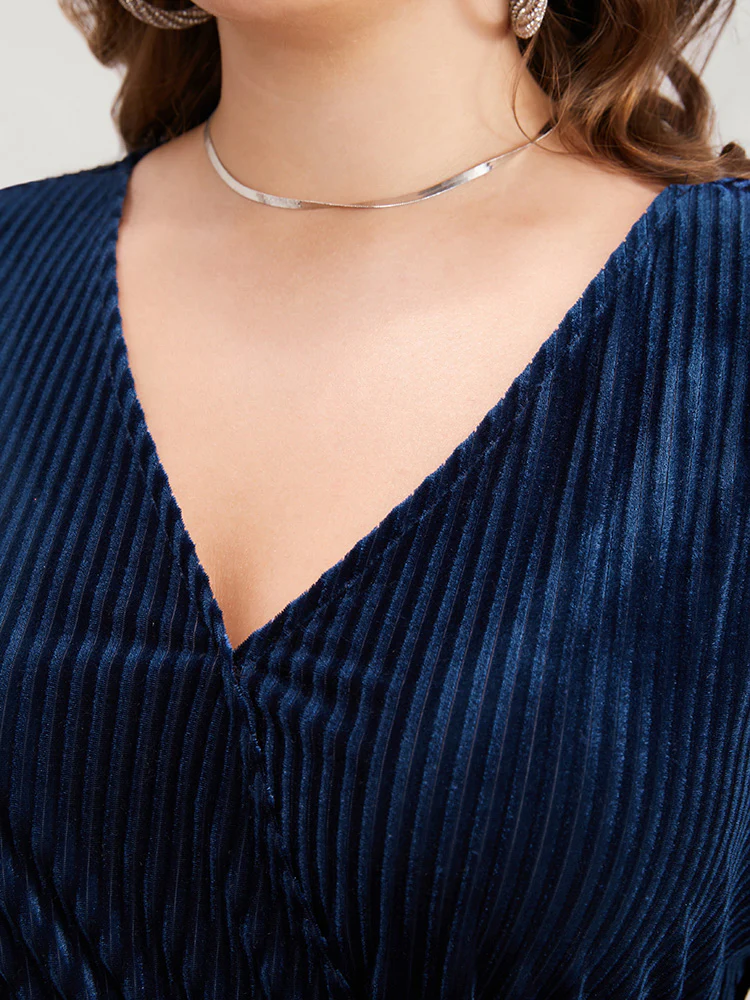 Striped Velvet Pocket Lantern Sleeve Belted Wrap Dress - Image 8