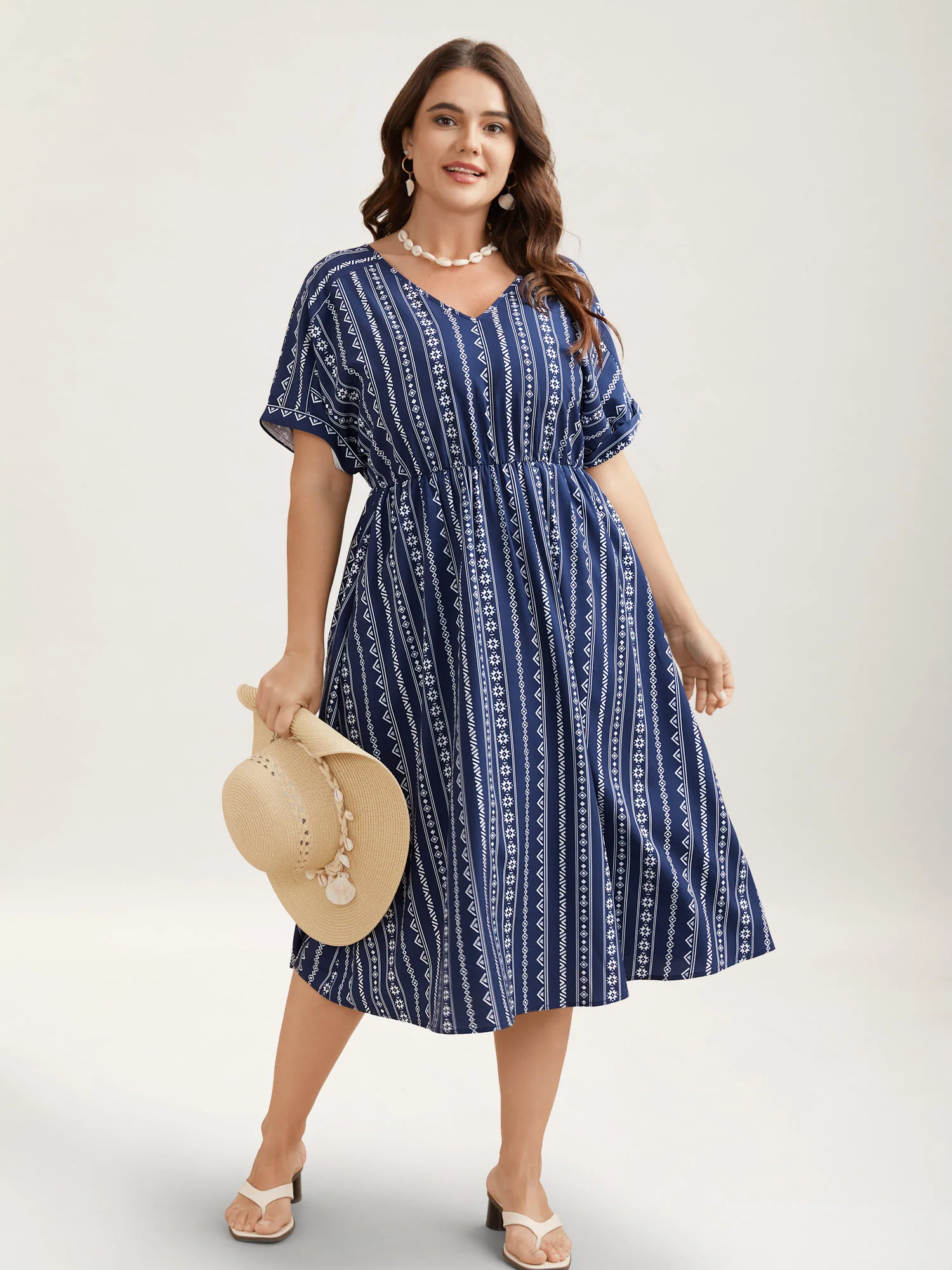 Striped Waist-Cinched Dolman Sleeve Midi Dress - Image 2