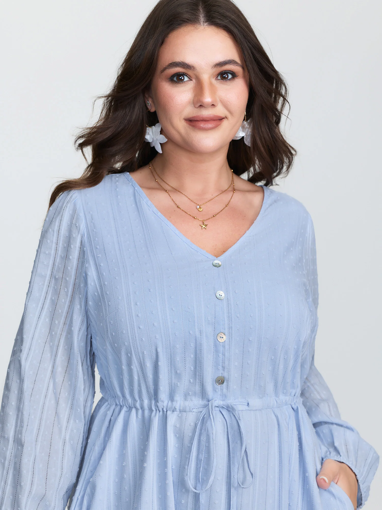 Cotton Striped Waist-Drawstring Tiered Midi Dress - Image 2
