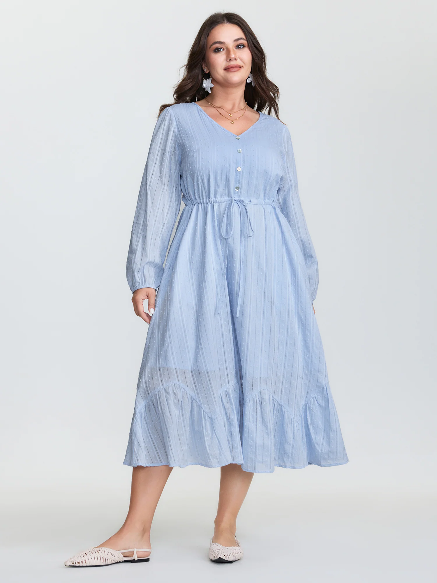 Cotton Striped Waist-Drawstring Tiered Midi Dress - Image 3