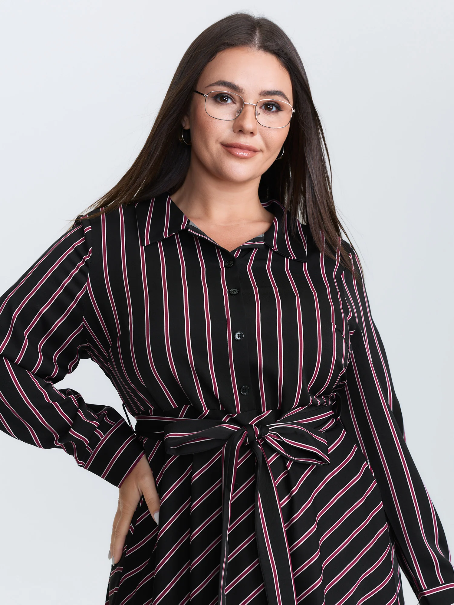 Striped Waist-Tie Collar Midi Dress - Image 2
