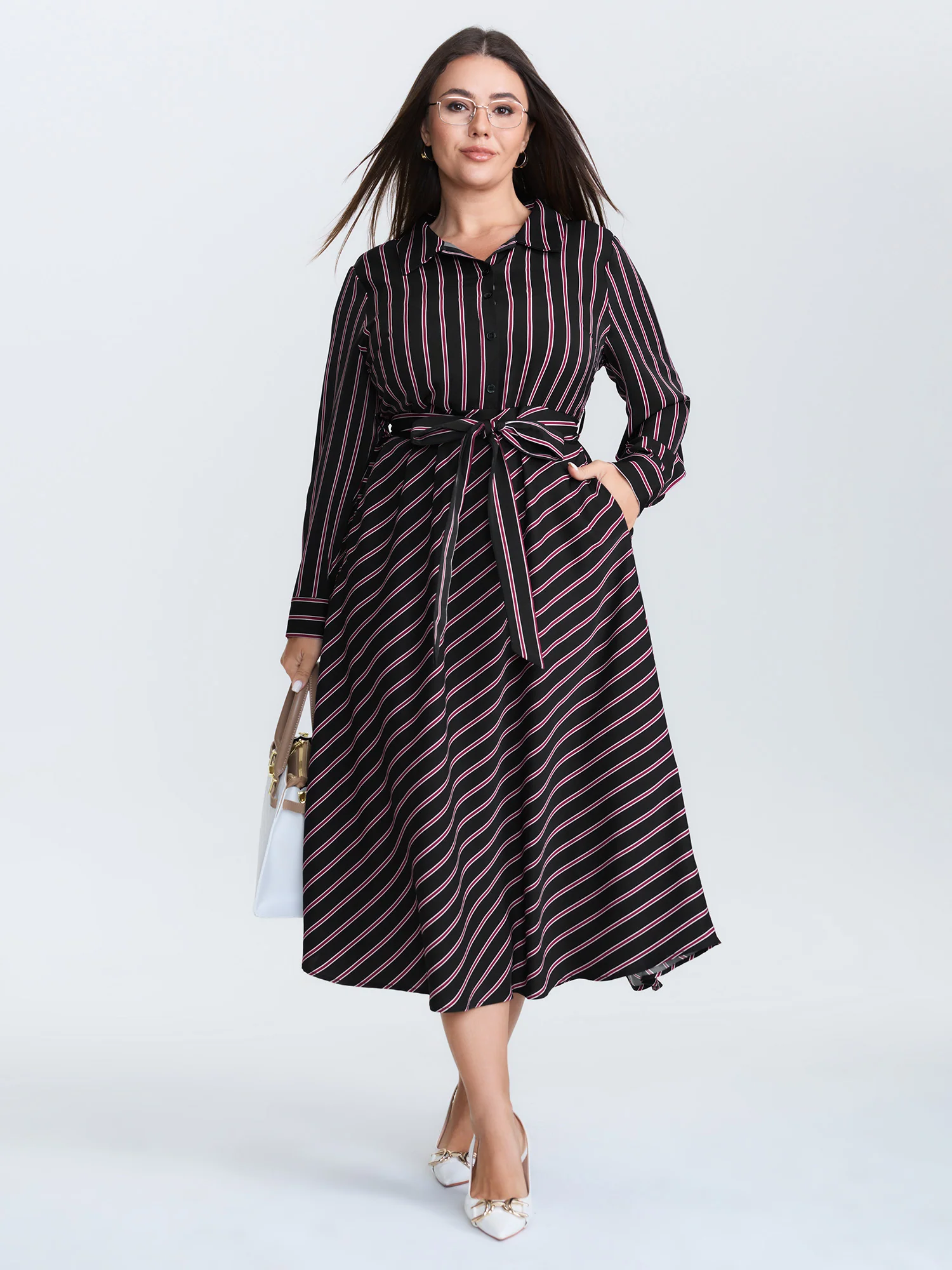 Striped Waist-Tie Collar Midi Dress - Image 3