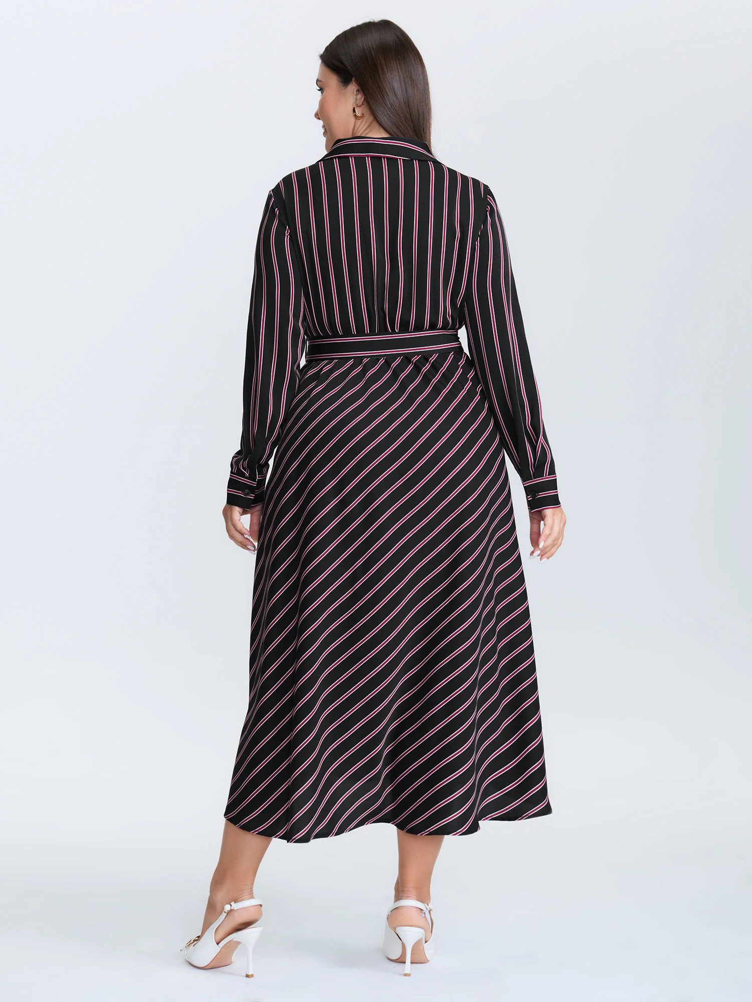 Striped Waist-Tie Collar Midi Dress - Image 4