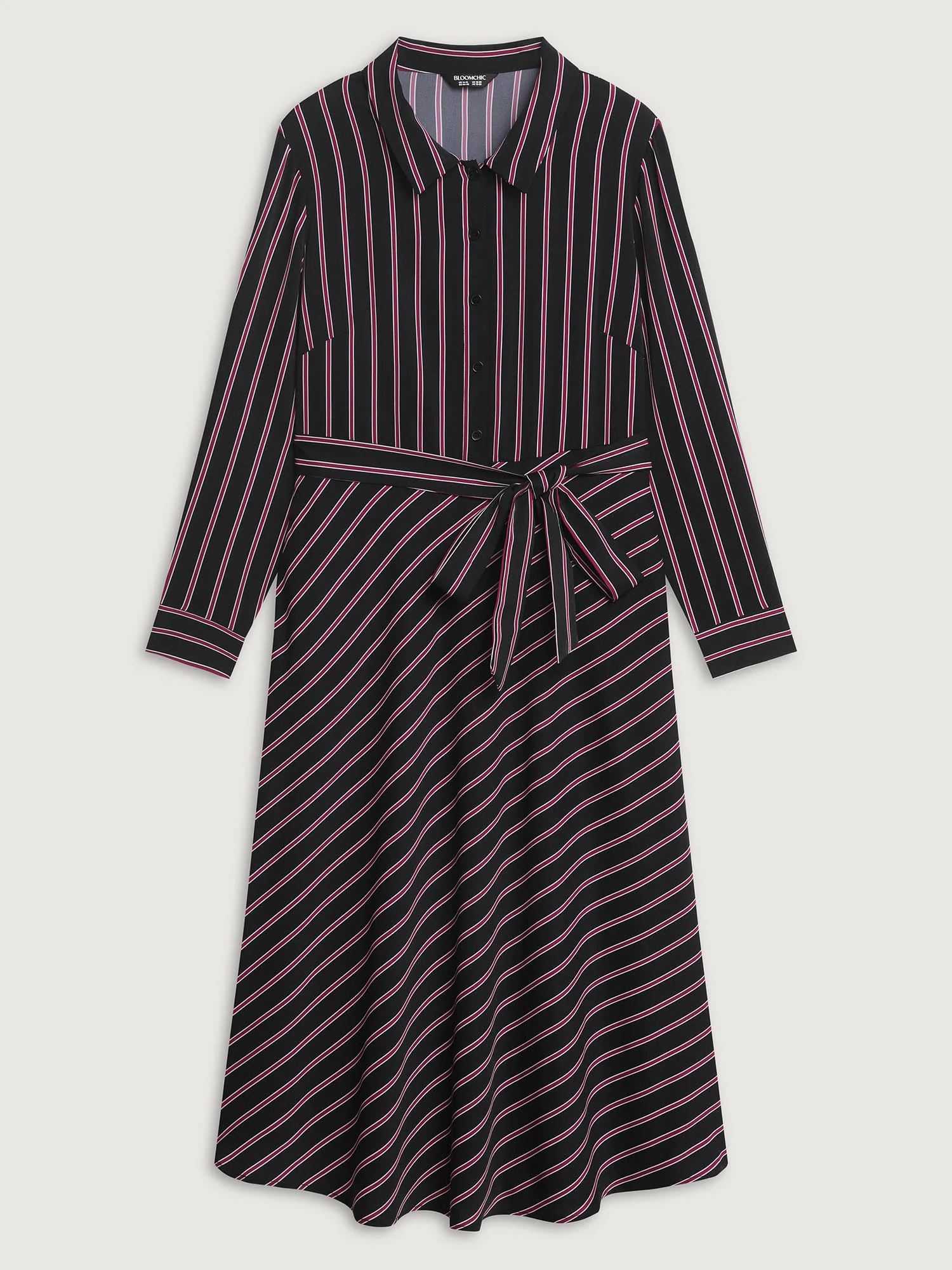 Striped Waist-Tie Collar Midi Dress - Image 5