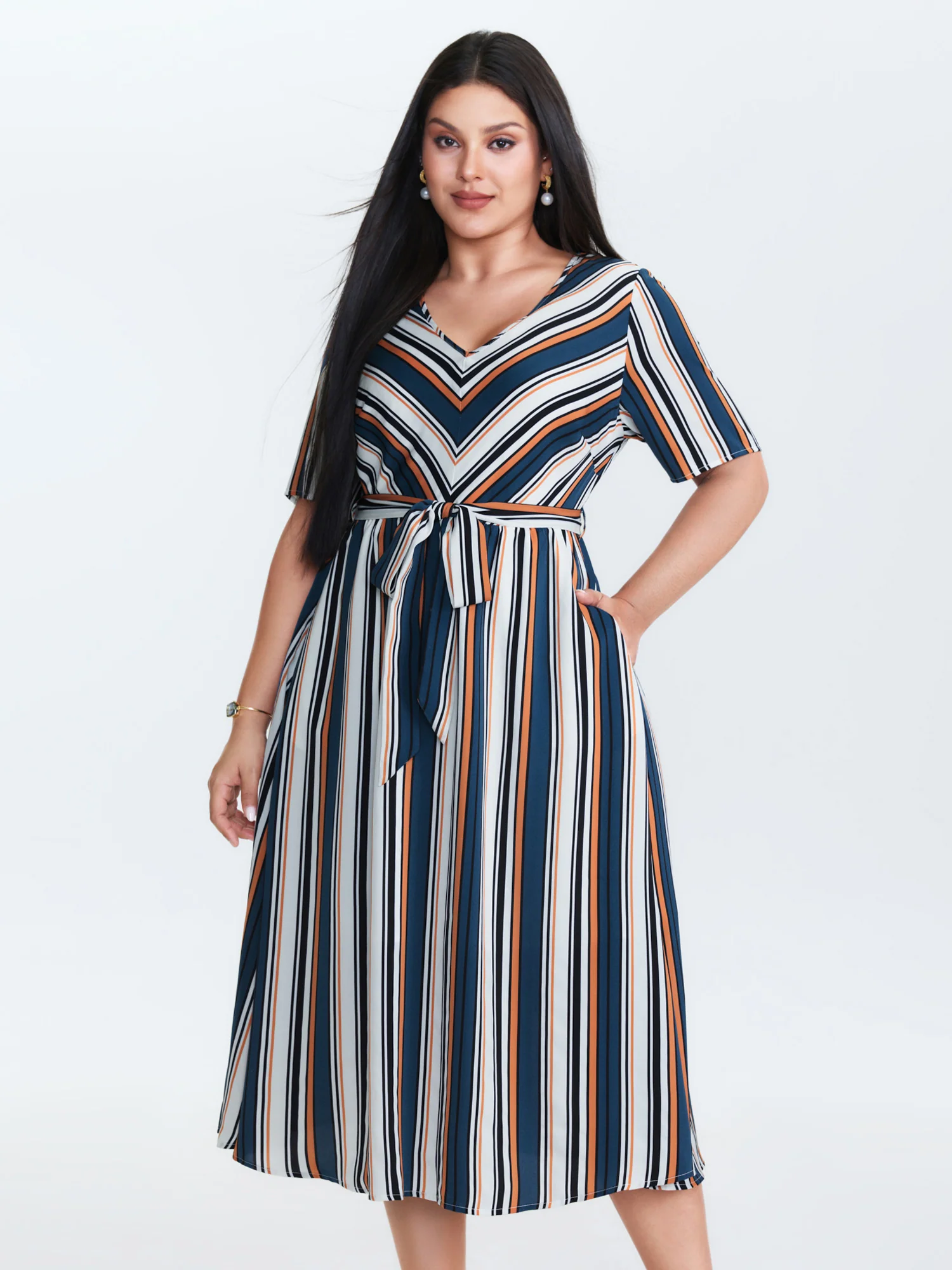 Striped Waist-Tie Pockets Midi Dress - Image 3